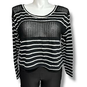 Weavers Womens Crop Top Long Sleeve TShirt Stripes Sheer Fish Net Black White XL